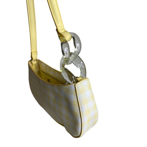 Y2K Yellow & White Gingham Shoulder Bag With Acrylic Chain Detail Zipper Closure - Picture 4 of 7